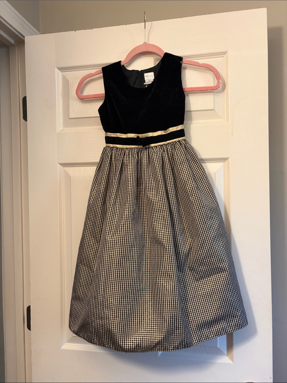 Girls Black Velvet Bodice with Black-and-White Checked Skirt Dress